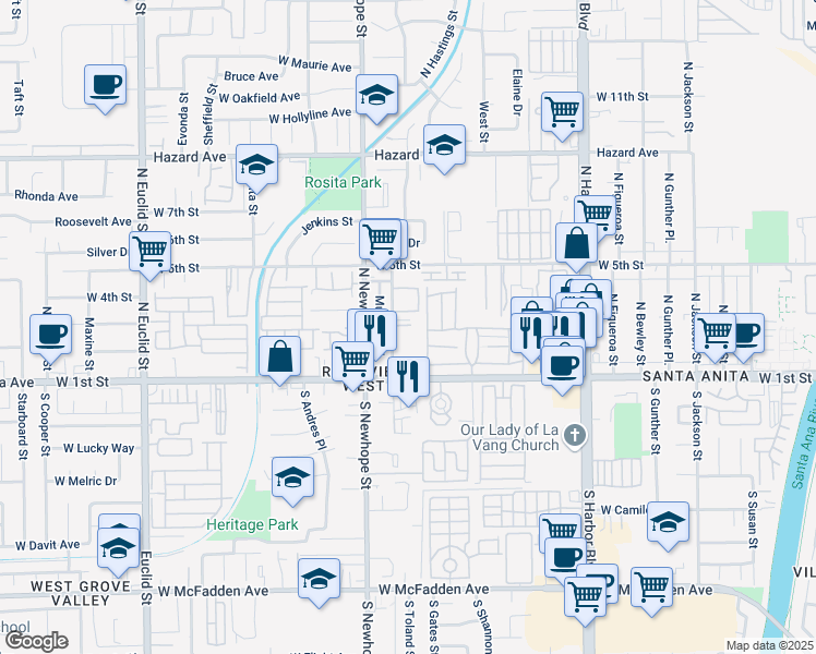 map of restaurants, bars, coffee shops, grocery stores, and more near 245 North Mountain View Street in Santa Ana