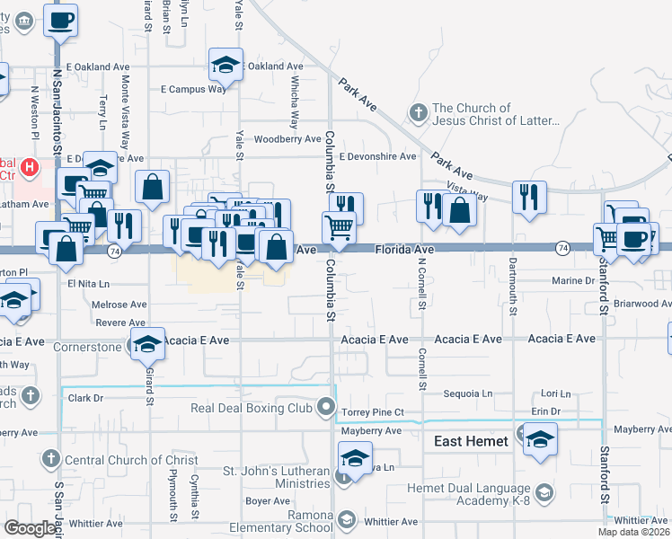 map of restaurants, bars, coffee shops, grocery stores, and more near 25808 Columbia Street in Hemet