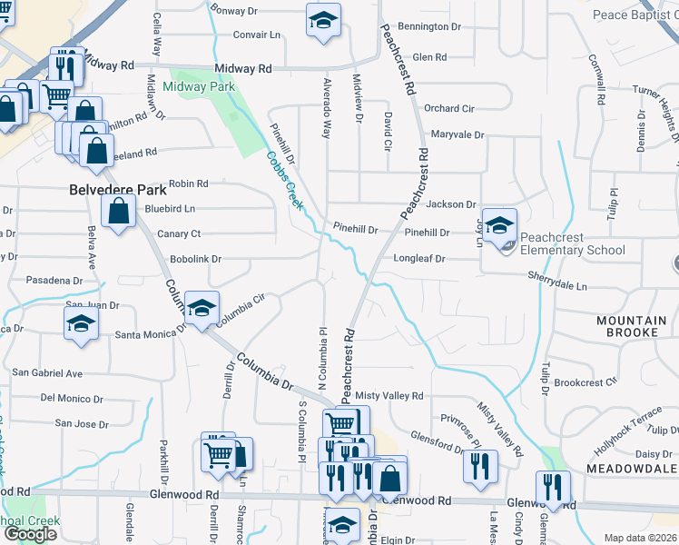 map of restaurants, bars, coffee shops, grocery stores, and more near 1580 North Columbia Place in Decatur