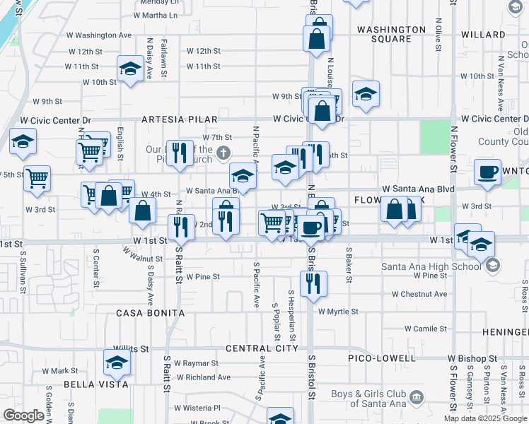 map of restaurants, bars, coffee shops, grocery stores, and more near 1422 West 3rd Street in Santa Ana