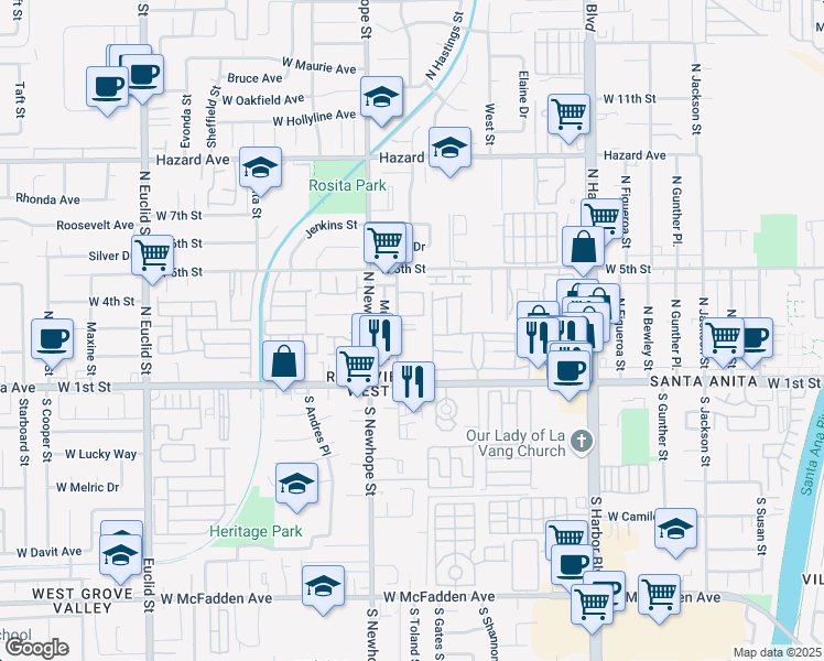 map of restaurants, bars, coffee shops, grocery stores, and more near 245 North Mountain View Street in Santa Ana