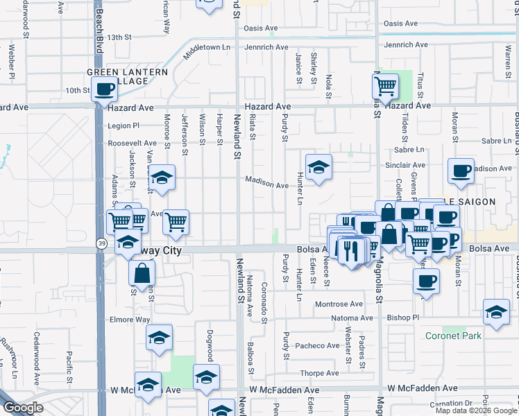 map of restaurants, bars, coffee shops, grocery stores, and more near 8571 Washington Avenue in Midway City