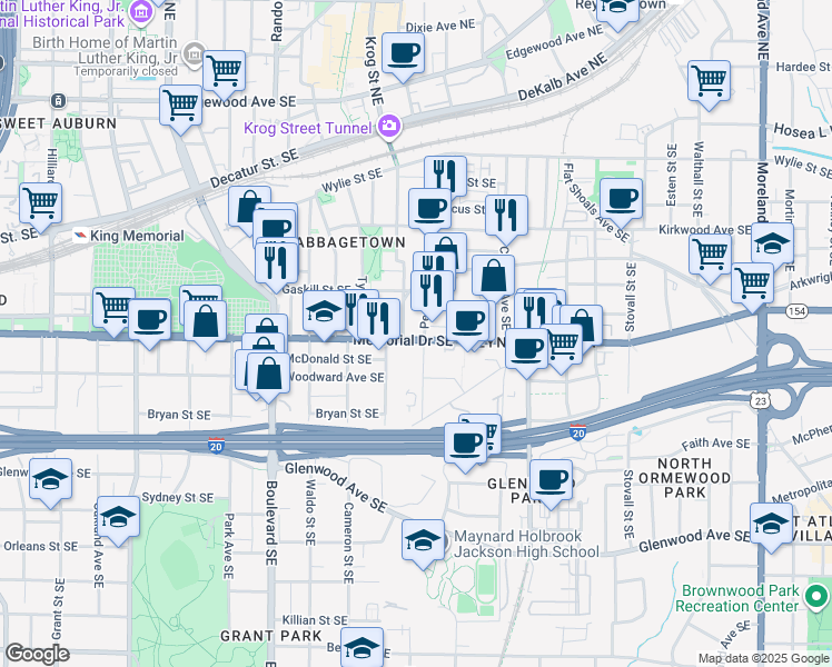map of restaurants, bars, coffee shops, grocery stores, and more near 280 Estoria Street Southeast in Atlanta