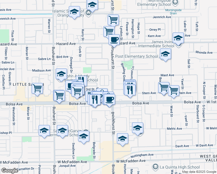 map of restaurants, bars, coffee shops, grocery stores, and more near 9944 Pear Drive in Westminster