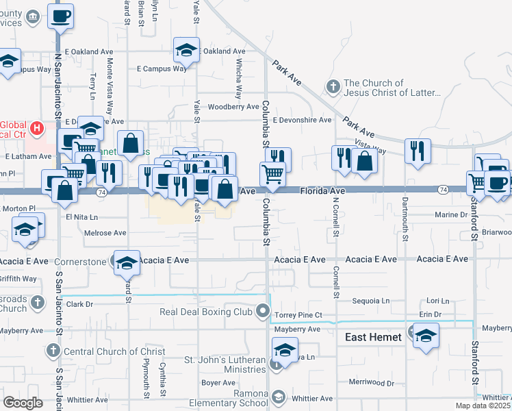 map of restaurants, bars, coffee shops, grocery stores, and more near 25817 Columbia Street in Hemet
