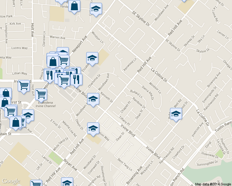 map of restaurants, bars, coffee shops, grocery stores, and more near 1461 Cameo Drive in Tustin