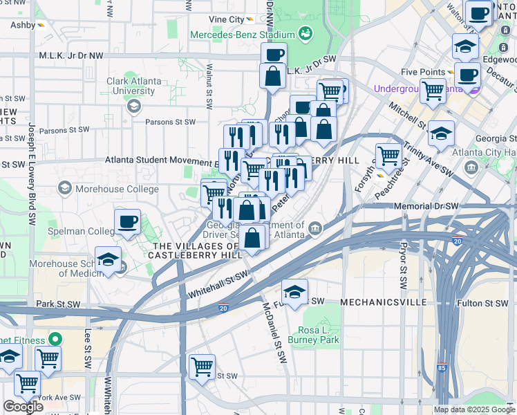 map of restaurants, bars, coffee shops, grocery stores, and more near 291 Walker Street Southwest in Atlanta