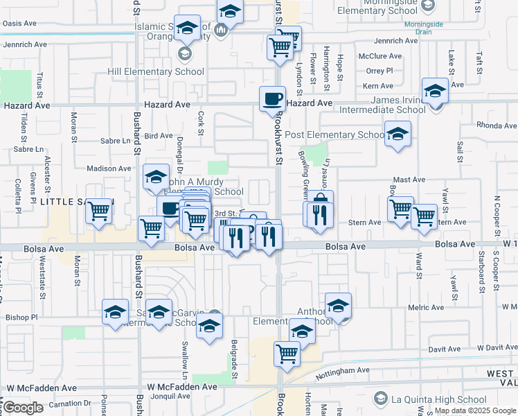 map of restaurants, bars, coffee shops, grocery stores, and more near 9936 Pear Drive in Westminster