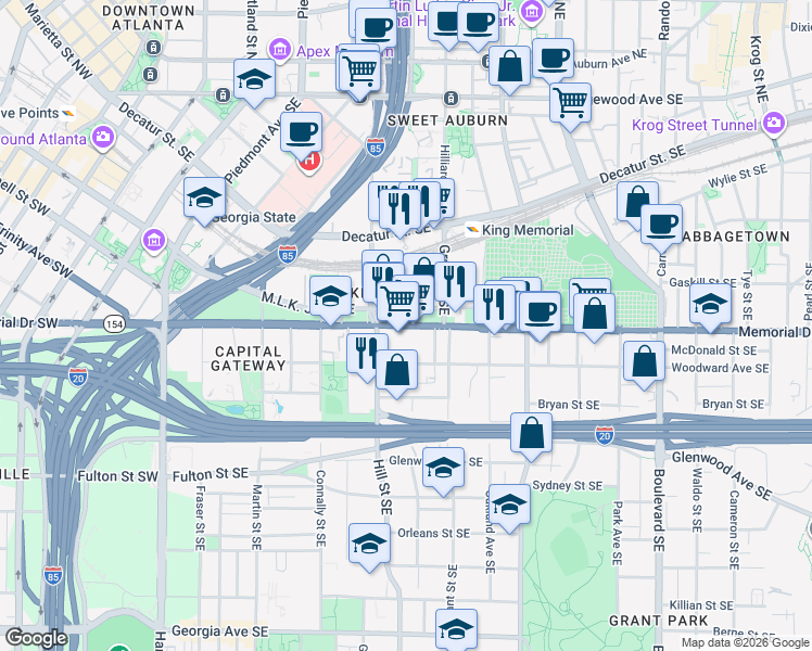 map of restaurants, bars, coffee shops, grocery stores, and more near 287 Memorial Drive Southeast in Atlanta