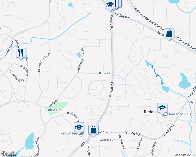 map of restaurants, bars, coffee shops, grocery stores, and more near 5289 Biffle Downs Road in Stone Mountain