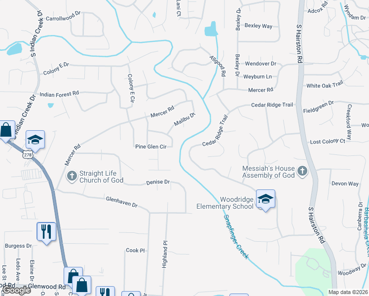 map of restaurants, bars, coffee shops, grocery stores, and more near 4410 Cedar Ridge Trail in Stone Mountain