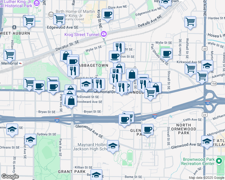 map of restaurants, bars, coffee shops, grocery stores, and more near 280 Estoria Street Southeast in Atlanta