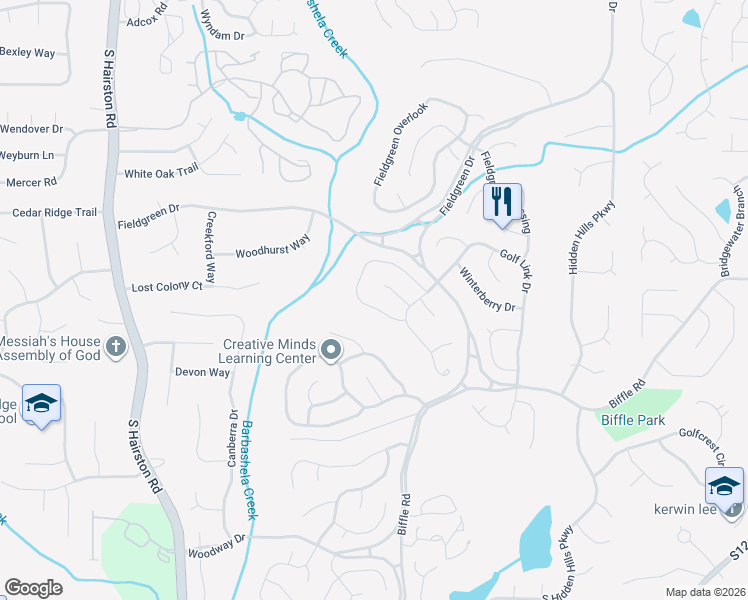 map of restaurants, bars, coffee shops, grocery stores, and more near 1401 Crooked Tree Cir in Stone Mountain
