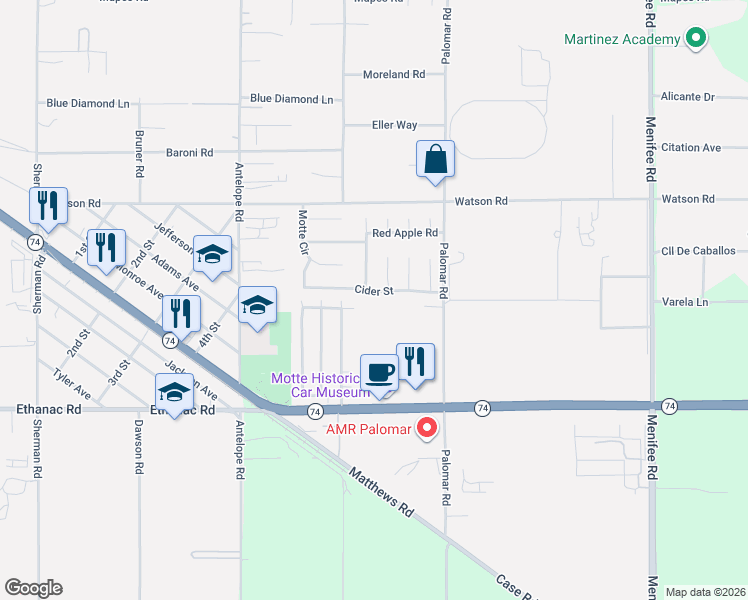 map of restaurants, bars, coffee shops, grocery stores, and more near 28267 Cider Street in Menifee