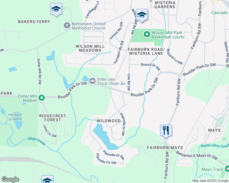 map of restaurants, bars, coffee shops, grocery stores, and more near 3964 Boulder Park Drive Southwest in Atlanta