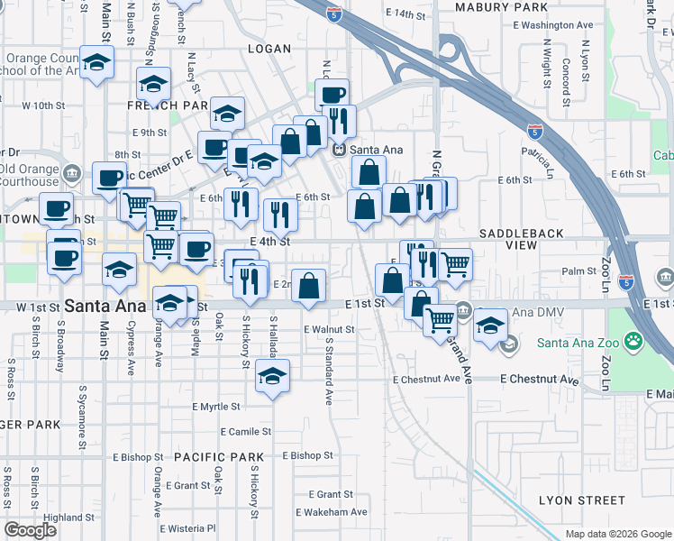 map of restaurants, bars, coffee shops, grocery stores, and more near 263 North Standard Avenue in Santa Ana