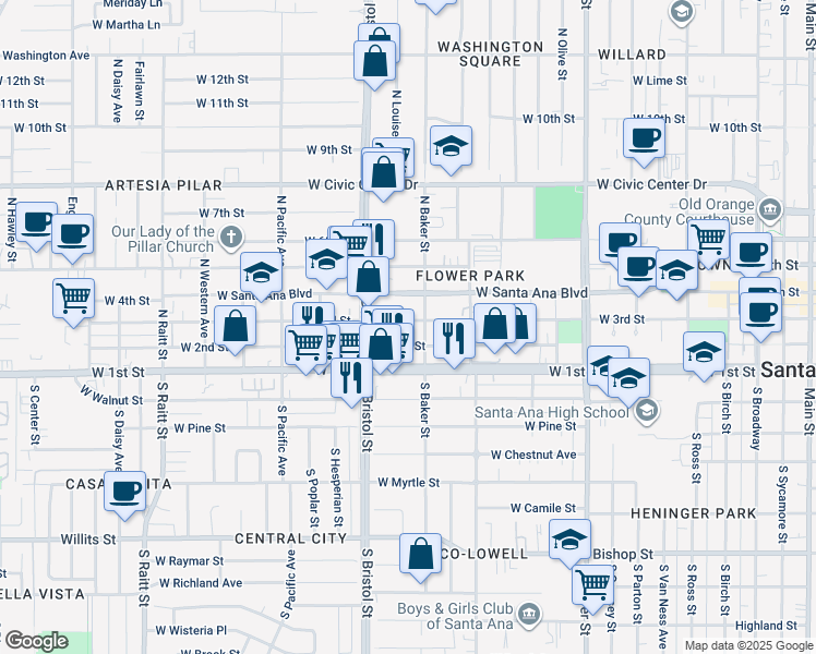 map of restaurants, bars, coffee shops, grocery stores, and more near 1212 West 3rd Street in Santa Ana
