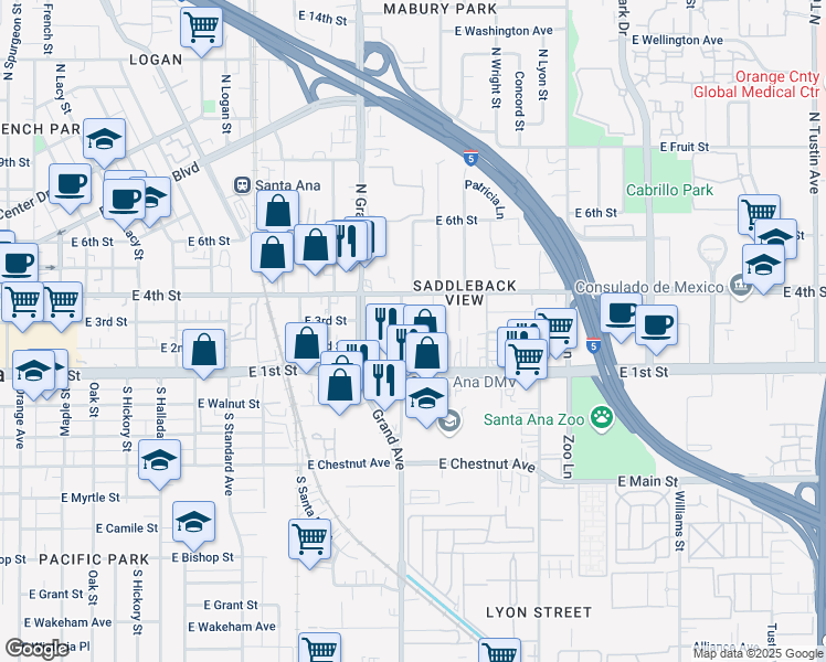 map of restaurants, bars, coffee shops, grocery stores, and more near 1334 East 3rd Street in Santa Ana