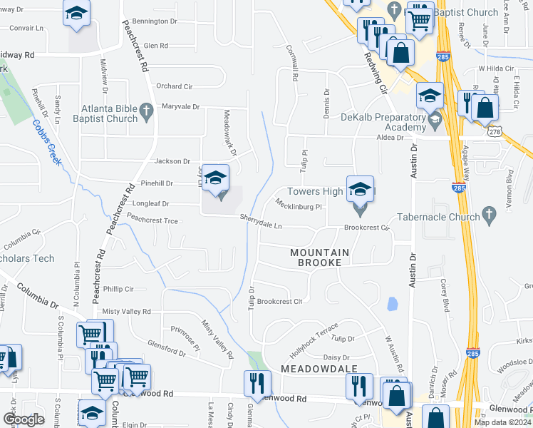 map of restaurants, bars, coffee shops, grocery stores, and more near 3356 Tulip Drive in Decatur