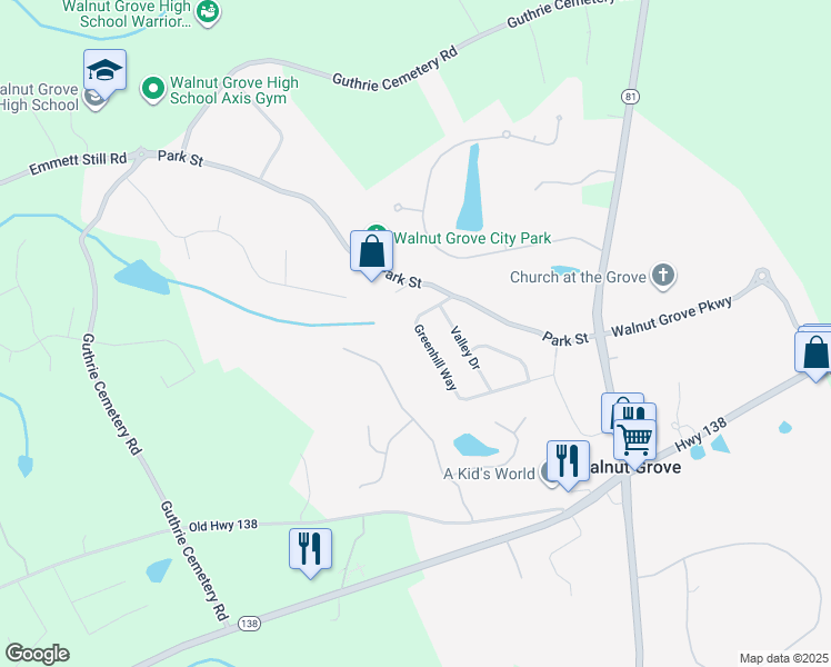 map of restaurants, bars, coffee shops, grocery stores, and more near 570 Greenhill Way in Walnut Grove