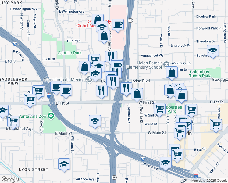 map of restaurants, bars, coffee shops, grocery stores, and more near 151 North Tustin Avenue in Tustin