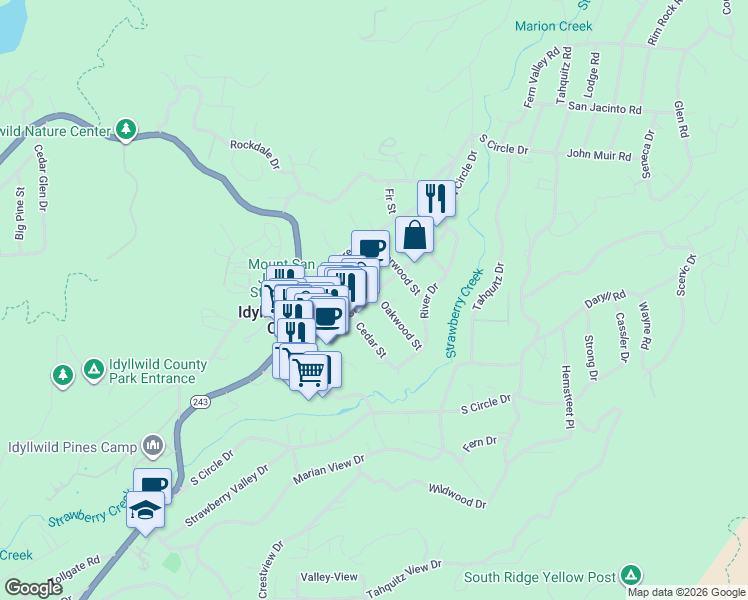 map of restaurants, bars, coffee shops, grocery stores, and more near 54445 North Circle Drive in Idyllwild-Pine Cove