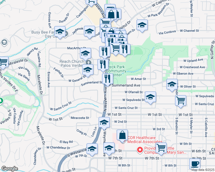 map of restaurants, bars, coffee shops, grocery stores, and more near 1485 West Summerland Avenue in Los Angeles