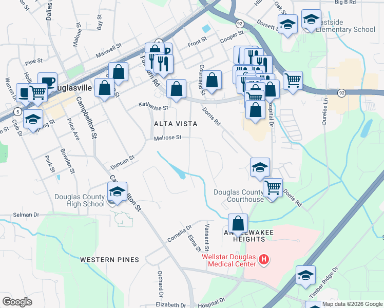 map of restaurants, bars, coffee shops, grocery stores, and more near 8574 Estelle Street in Douglasville