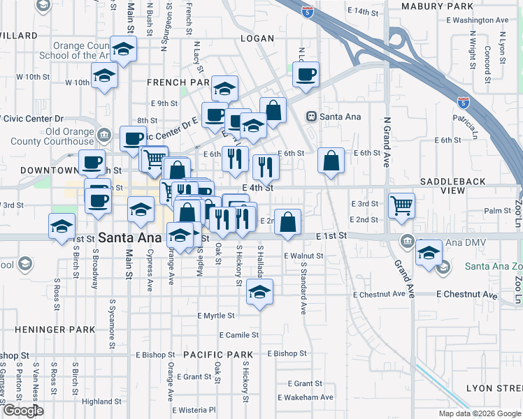 map of restaurants, bars, coffee shops, grocery stores, and more near 818 East 3rd Street in Santa Ana