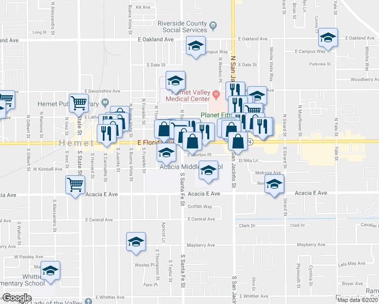 map of restaurants, bars, coffee shops, grocery stores, and more near 940 East Morton Place in Hemet