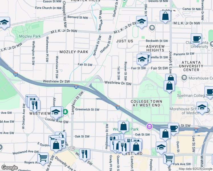 map of restaurants, bars, coffee shops, grocery stores, and more near 299 Holderness Street Southwest in Atlanta