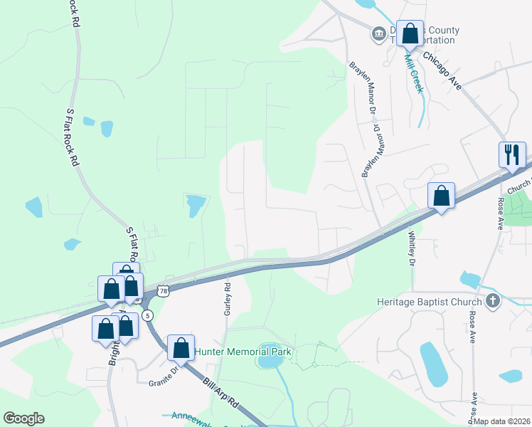 map of restaurants, bars, coffee shops, grocery stores, and more near 8589 Timberlane Drive in Douglasville