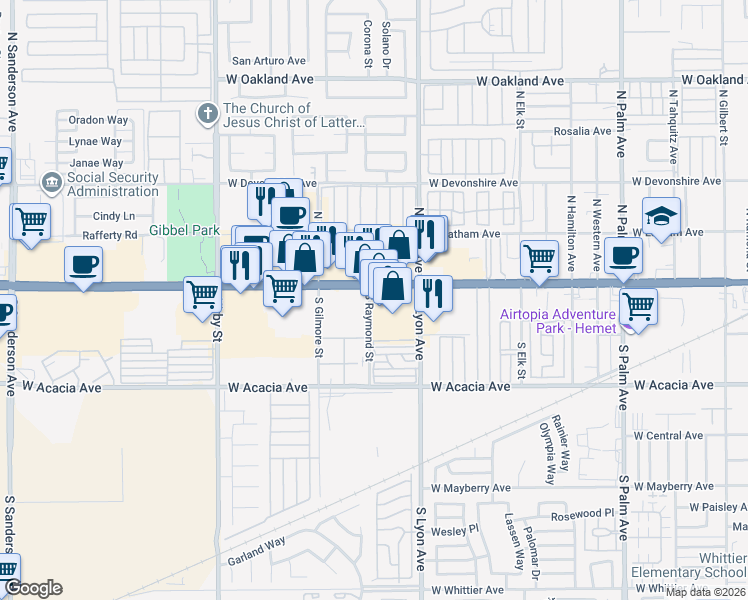 map of restaurants, bars, coffee shops, grocery stores, and more near 1721 West Florida Avenue in Hemet