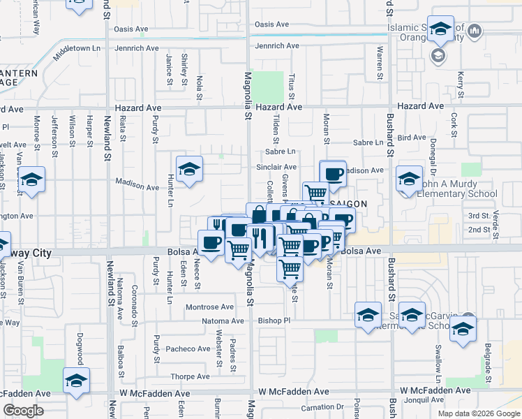 map of restaurants, bars, coffee shops, grocery stores, and more near in Huntington Beach