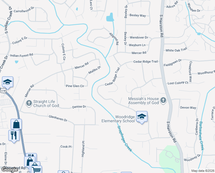 map of restaurants, bars, coffee shops, grocery stores, and more near 4449 Cedar Ridge Trail in Stone Mountain