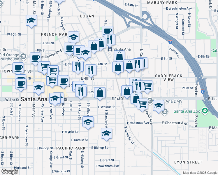 map of restaurants, bars, coffee shops, grocery stores, and more near 1002 East 3rd Street in Santa Ana
