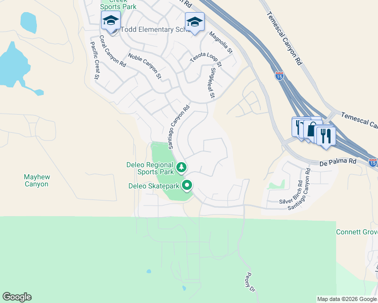 map of restaurants, bars, coffee shops, grocery stores, and more near 25649 Foxglove Lane in Corona