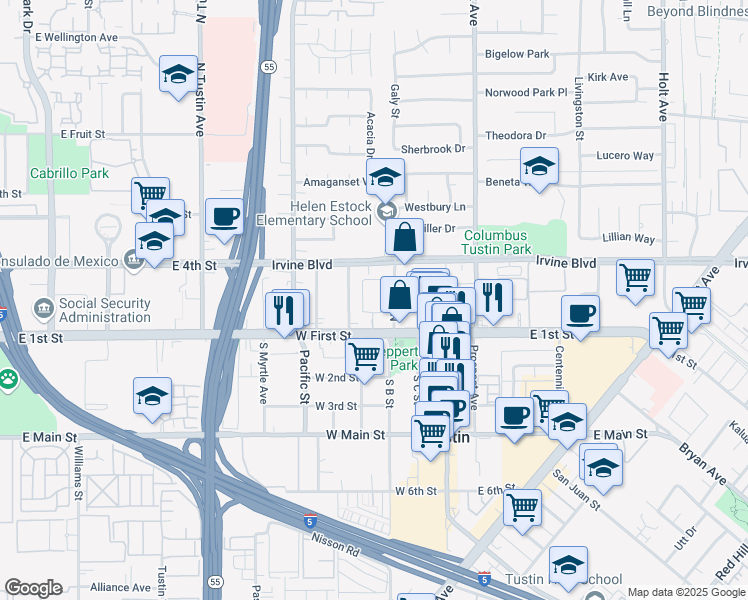 map of restaurants, bars, coffee shops, grocery stores, and more near 150 North B Street in Tustin