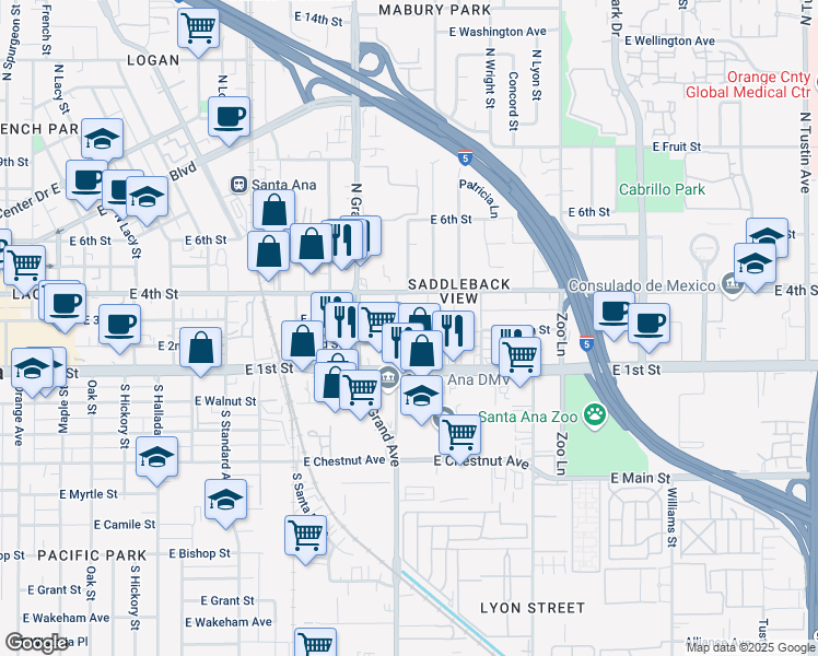 map of restaurants, bars, coffee shops, grocery stores, and more near 1334 East 3rd Street in Santa Ana