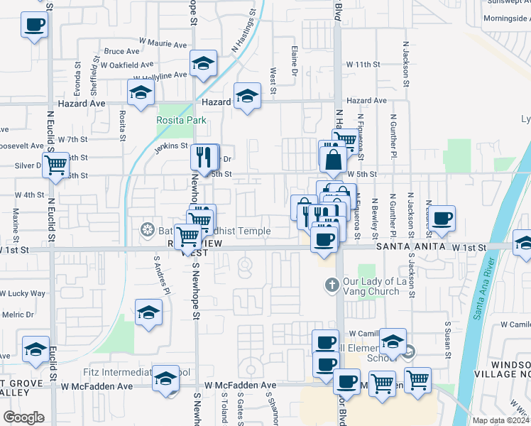 map of restaurants, bars, coffee shops, grocery stores, and more near 302 Summer Lane in Santa Ana