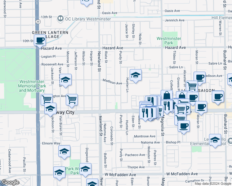 map of restaurants, bars, coffee shops, grocery stores, and more near 14841 Purdy Street in Midway City