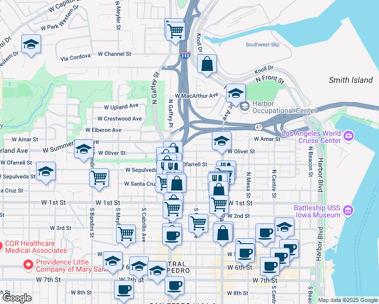map of restaurants, bars, coffee shops, grocery stores, and more near 596 West Oliver Street in Los Angeles