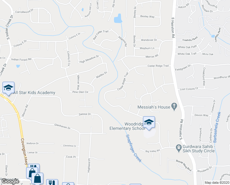 map of restaurants, bars, coffee shops, grocery stores, and more near 4449 Cedar Ridge Trail in Stone Mountain