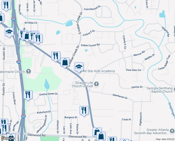 map of restaurants, bars, coffee shops, grocery stores, and more near 4241 Alden Park Drive in Decatur
