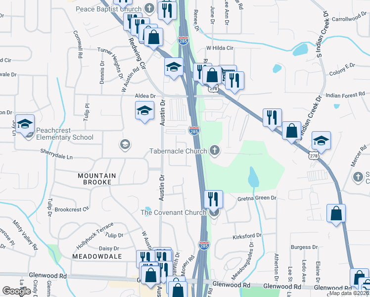 map of restaurants, bars, coffee shops, grocery stores, and more near 1636 Austin Meadows Drive in Decatur