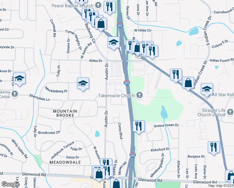 map of restaurants, bars, coffee shops, grocery stores, and more near 1636 Austin Meadows Drive in Decatur
