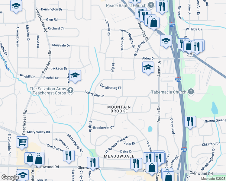 map of restaurants, bars, coffee shops, grocery stores, and more near 3653 Mecklinburg Place in Decatur