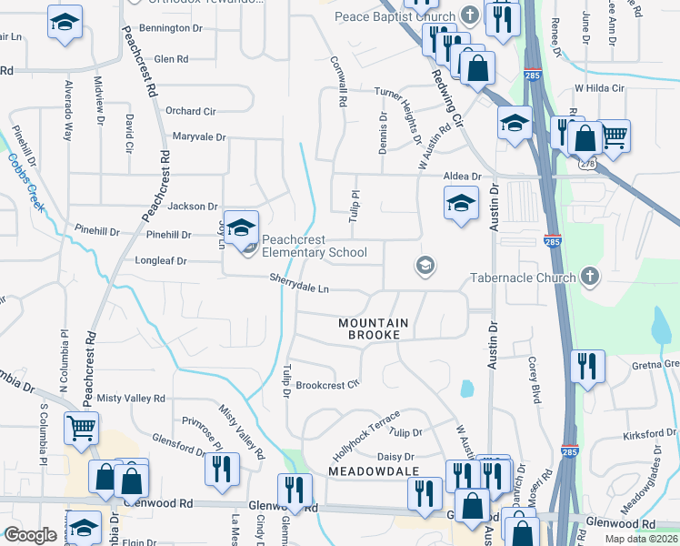 map of restaurants, bars, coffee shops, grocery stores, and more near 3629 Mecklinburg Place in Decatur