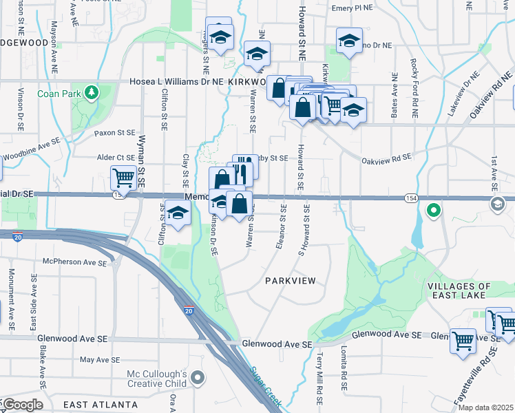 map of restaurants, bars, coffee shops, grocery stores, and more near 1895 Memorial Drive Southeast in Atlanta
