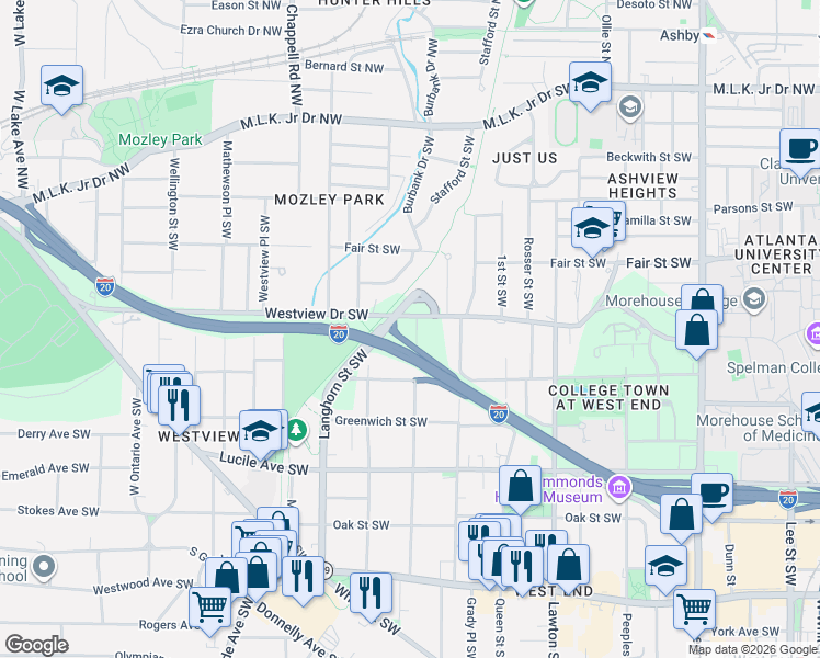 map of restaurants, bars, coffee shops, grocery stores, and more near 303 Atwood Street Southwest in Atlanta